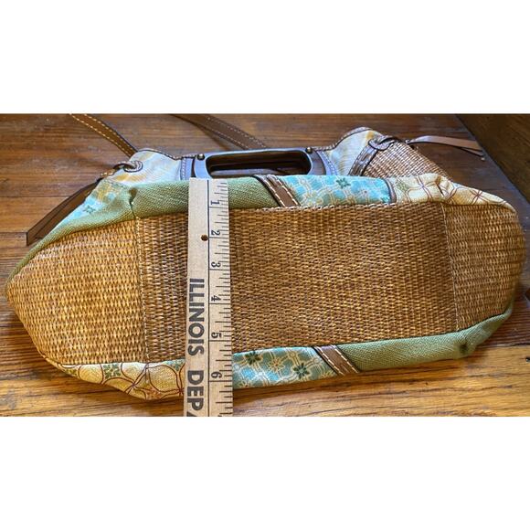 Fossil Patchwork Purse Canvas Rattan Wood Handle Detachable Leather Strap Pocket - Picture 10 of 11